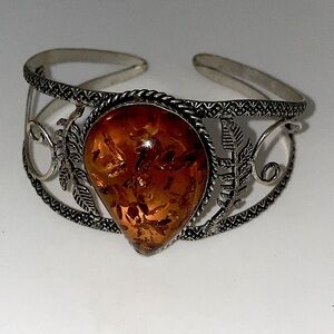 Amber Cuff Bracelet teardrop shape chunky stone large natural amber with metal